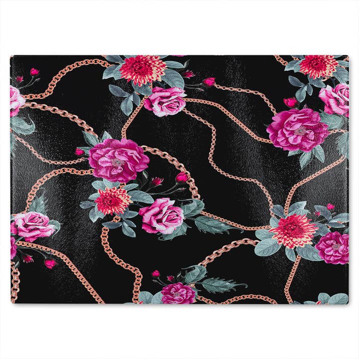 Chain And Flowers Pattern Glass Chopping Board for wholesale by Benjamin Tate Design