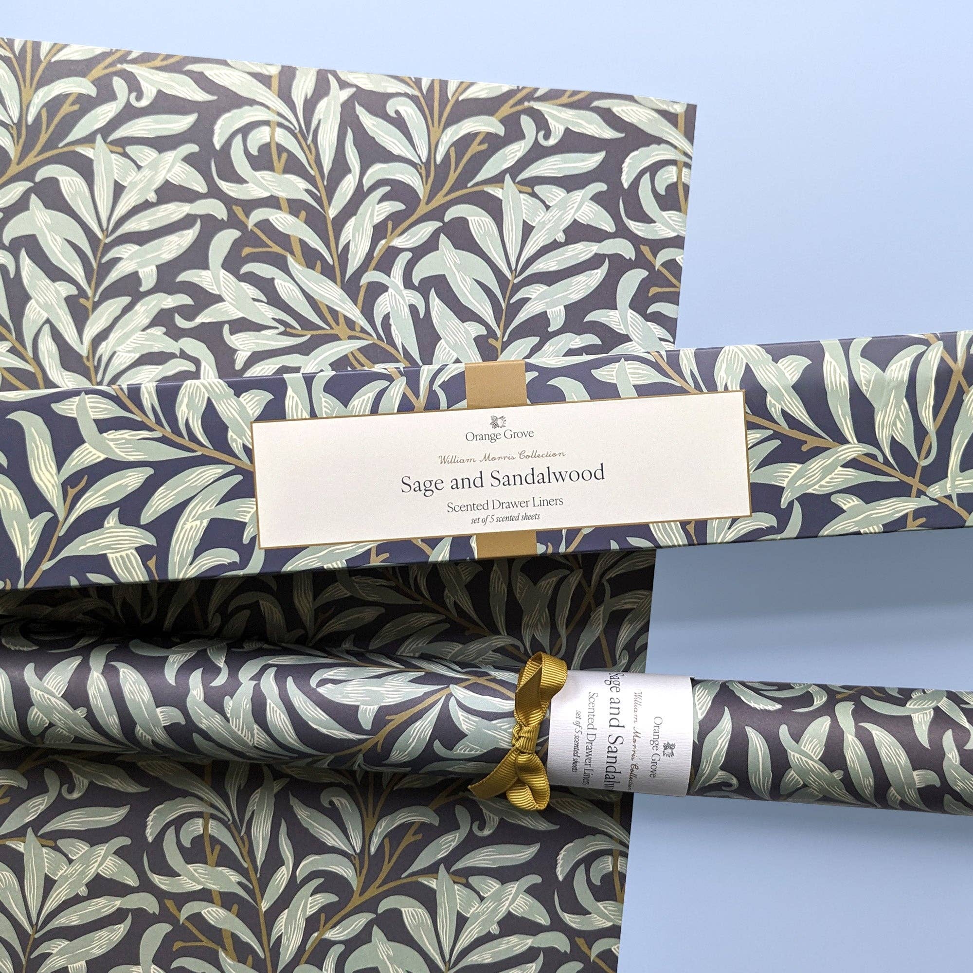 Robert Frederick Ltd - Wholesale Drawer Liner - Orange Grove Scented Drawer Liner - Set of 5 Sage and Sandalwood - William Morris Leaves Design1
