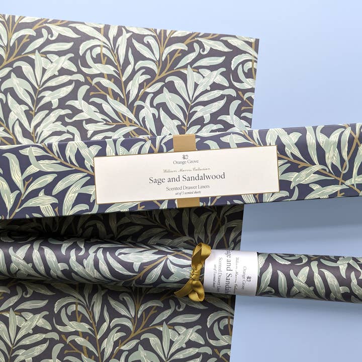 Robert Frederick Ltd - Wholesale Drawer Liner - Orange Grove Scented Drawer Liner - Set of 5 Sage and Sandalwood - William Morris Leaves Design1