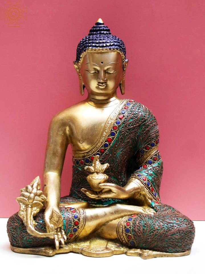 Bouddha médicinal en laiton de 10 po avec incrustations pour la vente par Exotic India Art