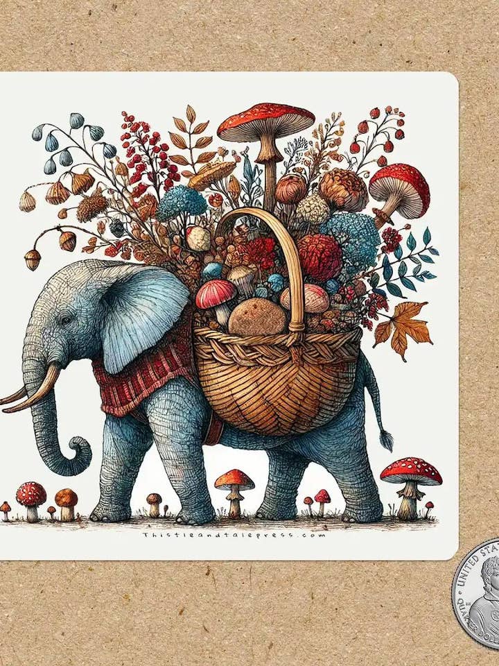 Vinylsticker, olifant met een mand vol bloemen voor wholesale door Thistle and Tale Press