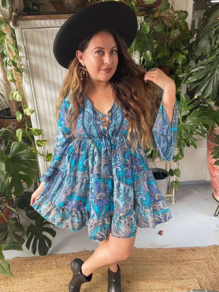 Short Silk Bell Sleeve Dress w/ buttons (Blue) for wholesale by Pink and Silver