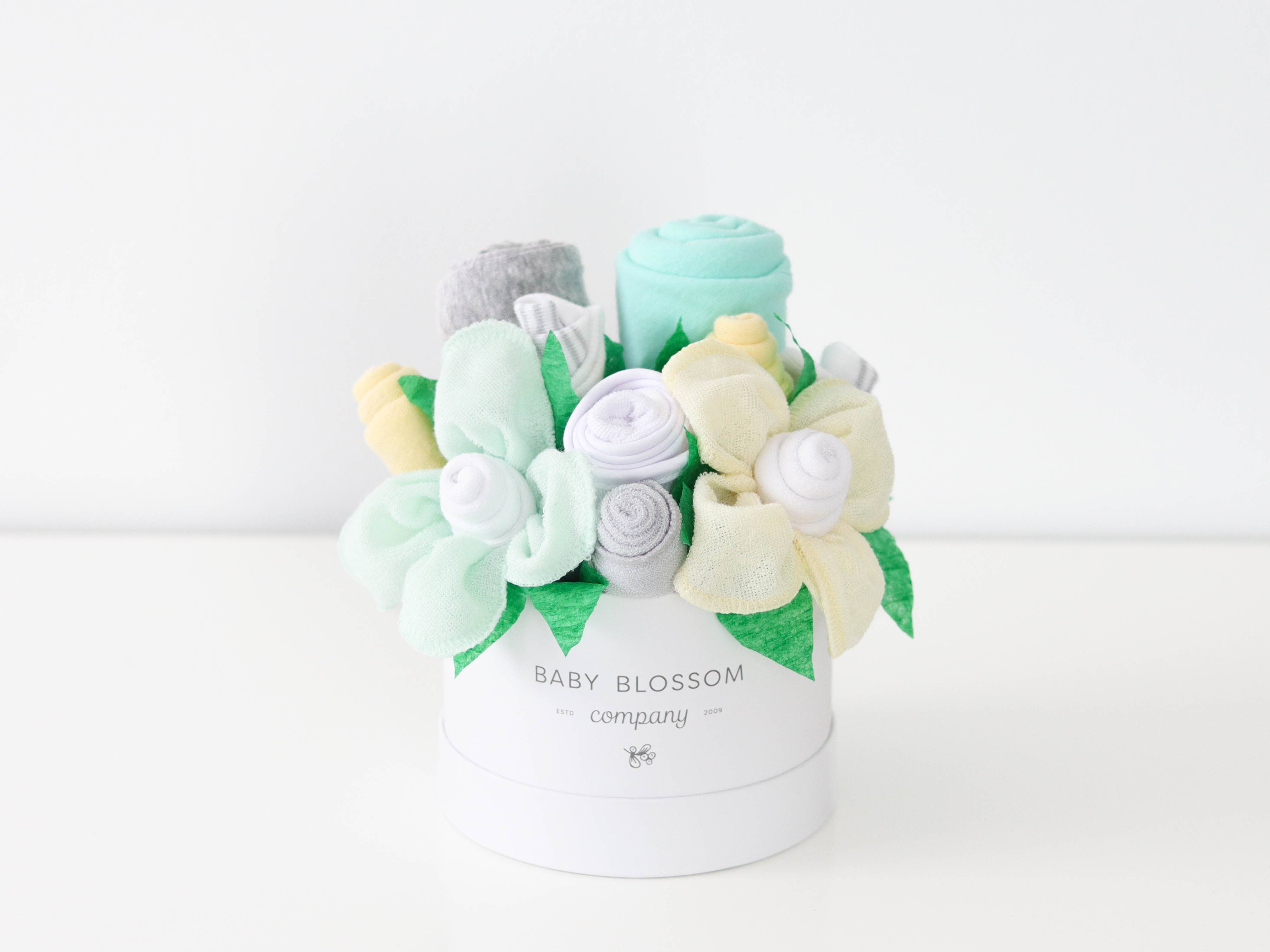 Baby Blossom Company - Wholesale New Mom Gift Box/Set - Petite Neutral New Baby Gift Basket Flower Bouquet - Yellow1