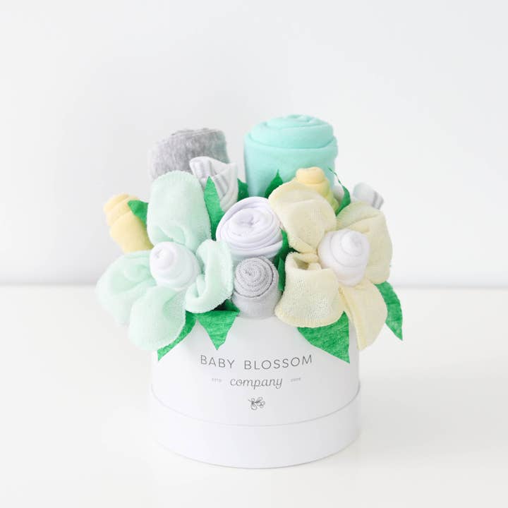 Baby Blossom Company - Wholesale New Mom Gift Box/Set - Petite Neutral New Baby Gift Basket Flower Bouquet - Yellow1