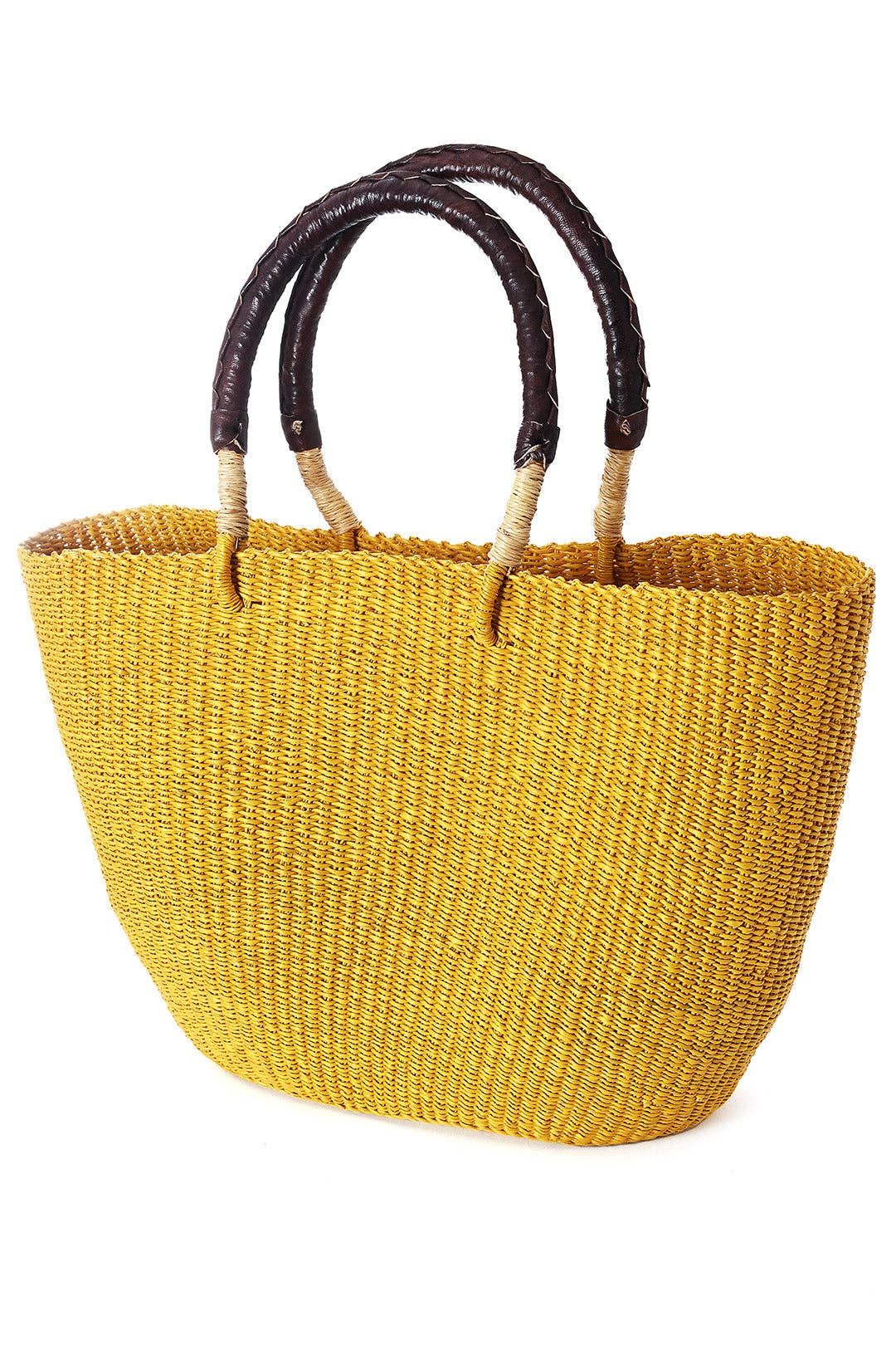 Swahili | AFRICAN MODERN - Vente Sac de plage - Panier cabas jaune ensoleillé avec poignées en cuir marron chocolat2