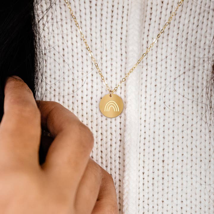 Zen and Zuri - Wholesale Pendant/Charm Necklace - Rainbow Disc Gold Filled Engraved Disc Necklace
