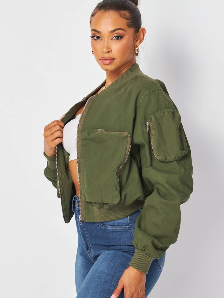 Hot & Delicious - Wholesale Bomber Jacket - Women's - Irene Cargo Pocket Cropped Bomber Jacket (HGJ10318)