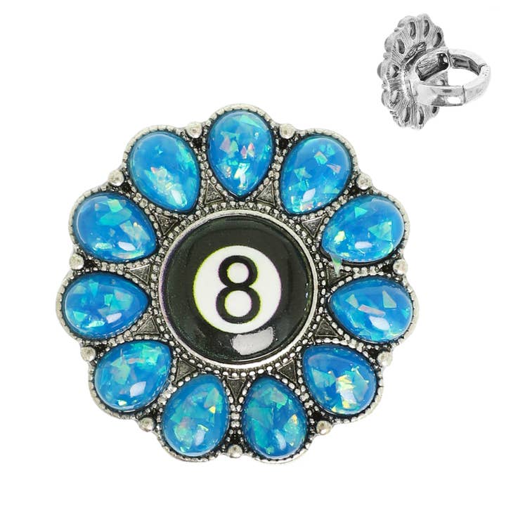 SP Sophia Collection - Wholesale Cocktail/Statement Ring - Western Turquoise Billiard 8 Ball Concho Stretch Ring