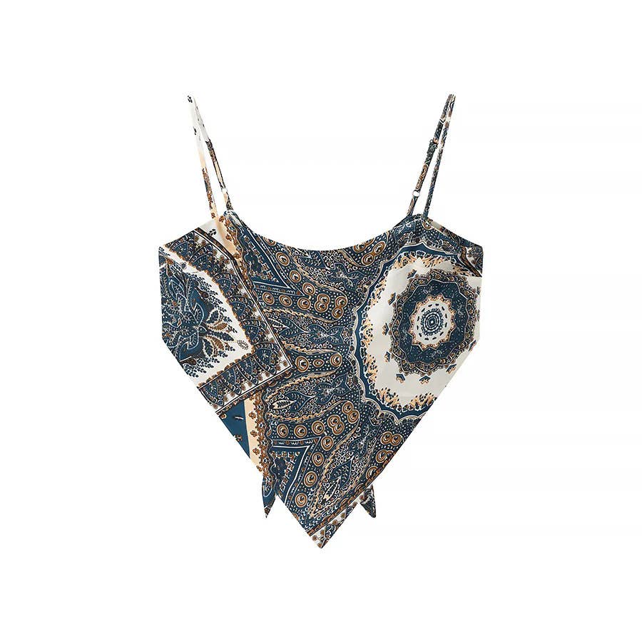 Rosa Clothing - Wholesale Camisole - Women's - Silk Vintage Print Backless Lace-Up Cropped Camisole Top10