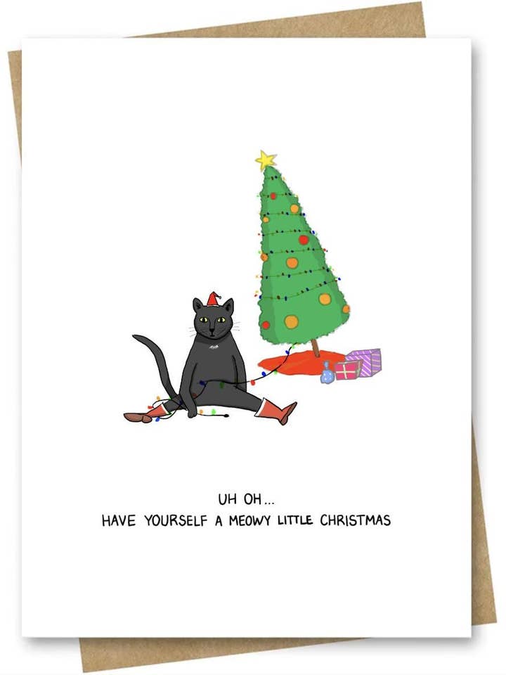 Funny Christmas Card – Black Cat Playing with Tree for wholesale by LittleStudioInElora