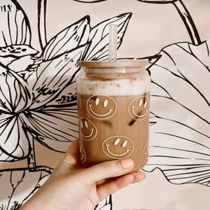Good Day Happy Face Mason Jar Iced Coffee Cup Glass Coffee Cup Iced Coffee  Glass Smoothie Cup Boba Cup Set Bubble Tea Cup 