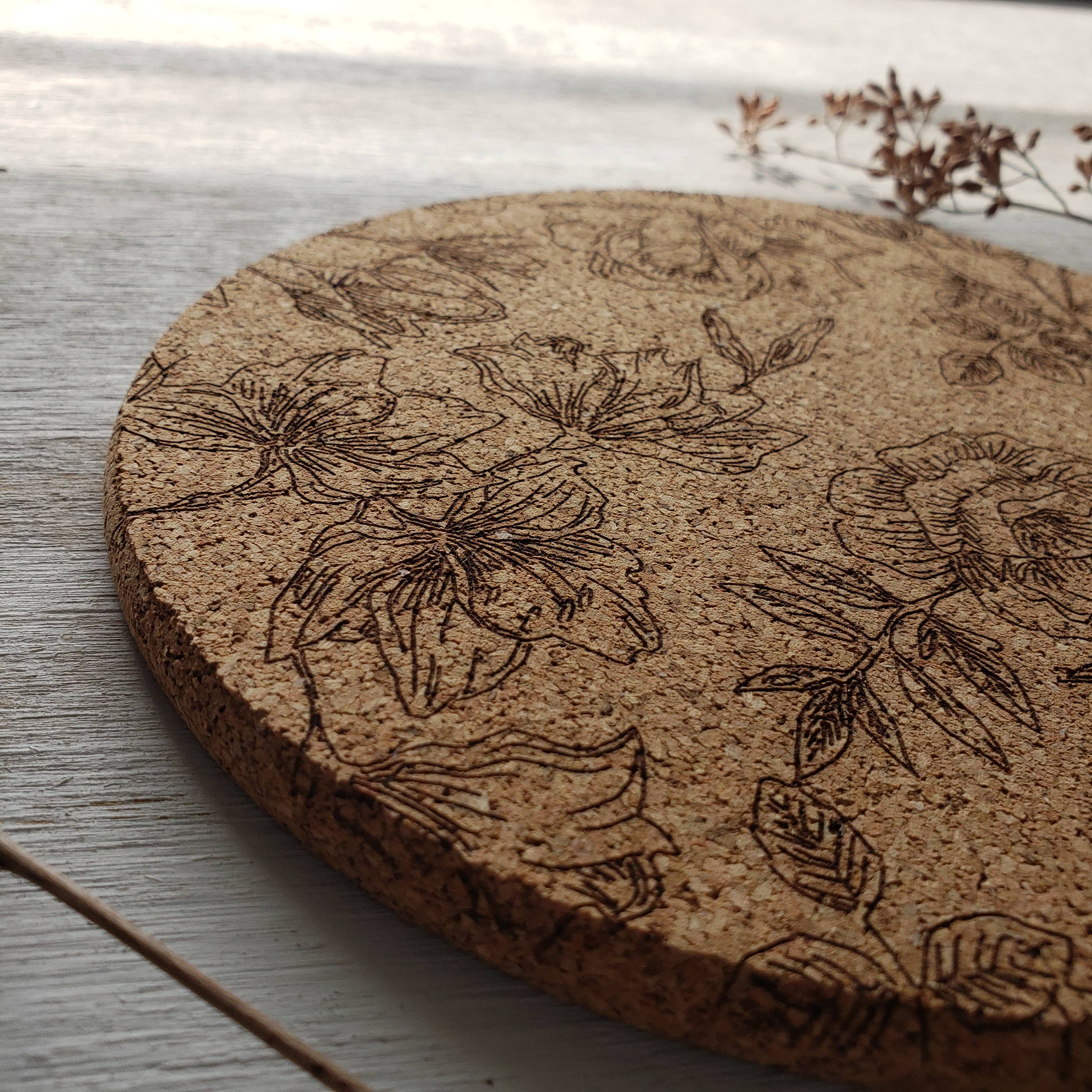 Rose and Peddle - Wholesale Trivet - Floral Laser Engraved Cork Trivet1