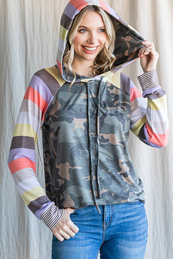 7th Ray - Wholesale Hoodie - Women's - Camo Print Stripe Raglan Sleeve Drawstring Hoodie T454910