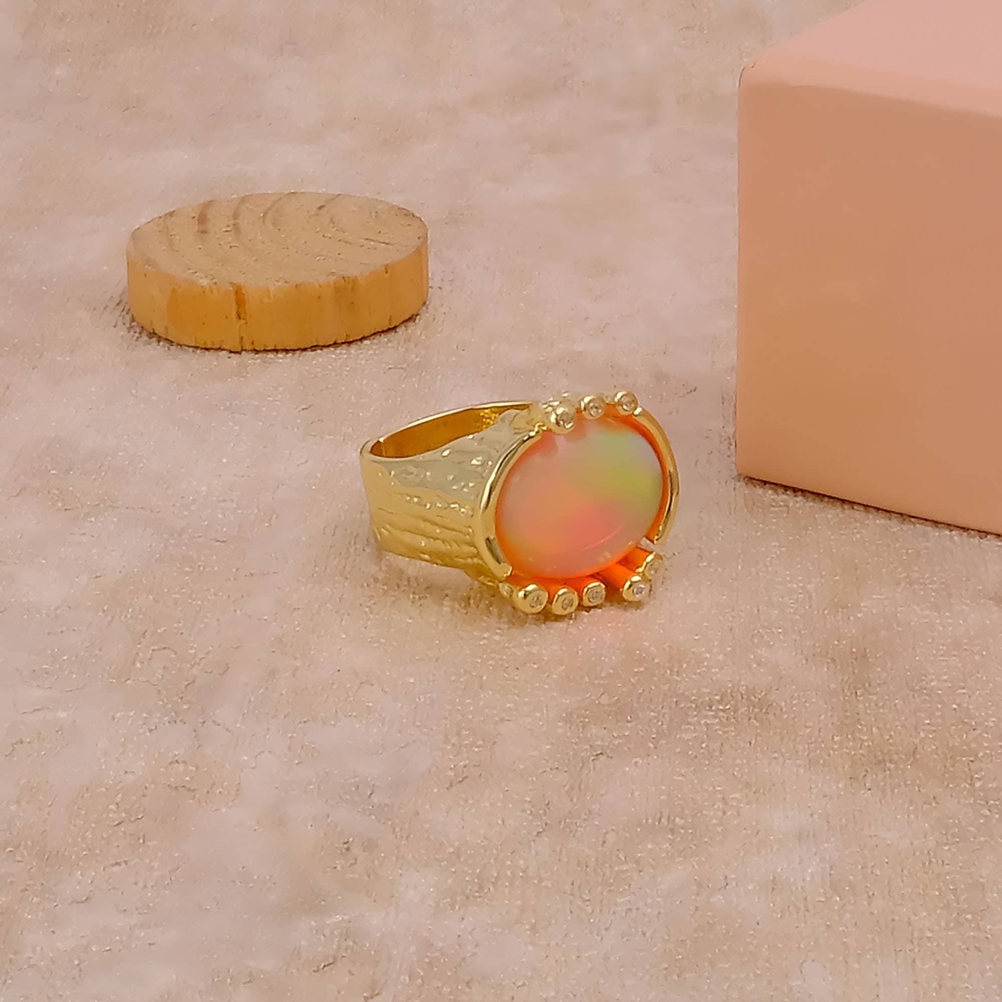 El Joyero - Wholesale Cocktail/Statement Ring - Pink Fire Opal Ring Adjustable Gold Plated Textured Cz Rings0