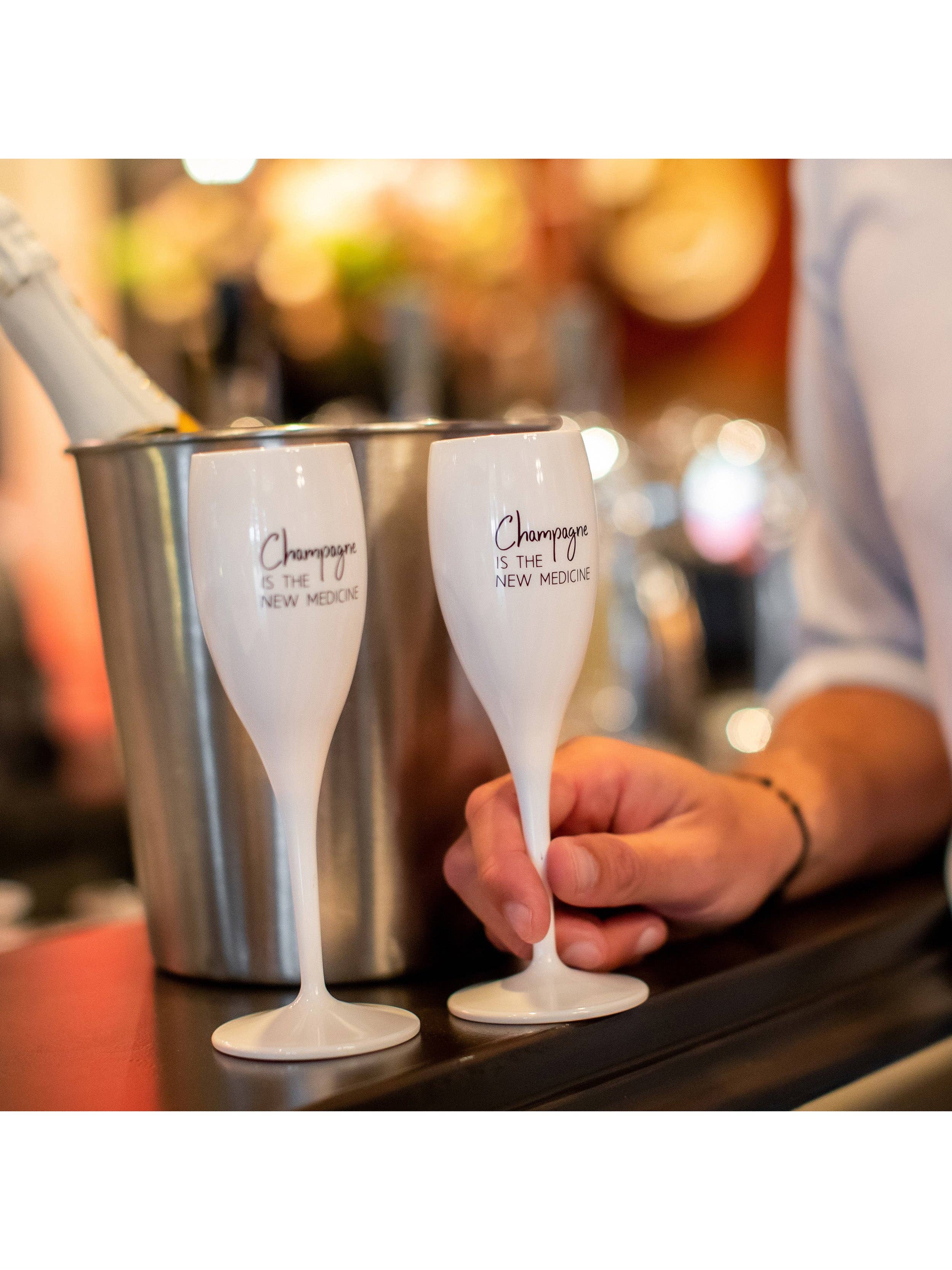 Cotton white Sparkling wine glass CHEERS No. 1 CHAMPAGNE THE NEW for wholesale on Faire1