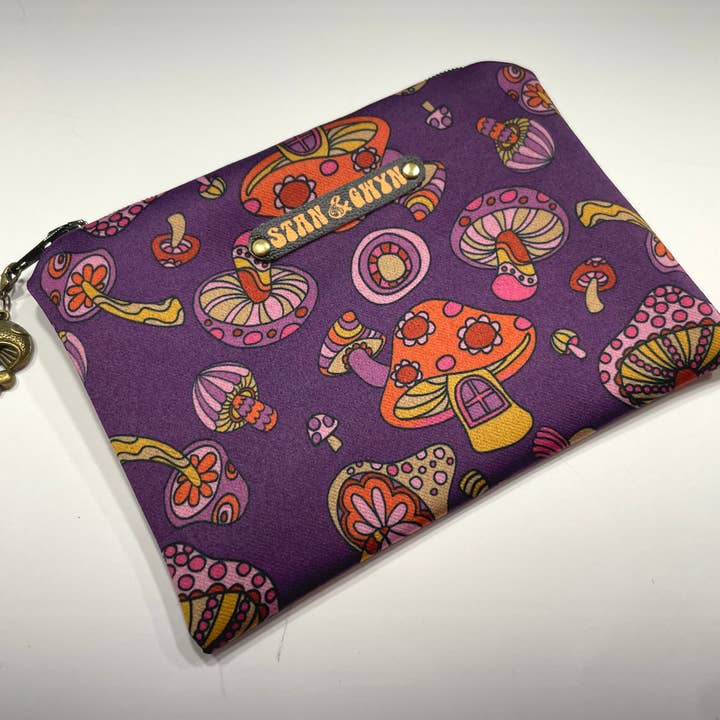 Purple Mushroom Makeup bag, Coin Purses, Cosmetics Pouch. for wholesale by Stan and Gwyn