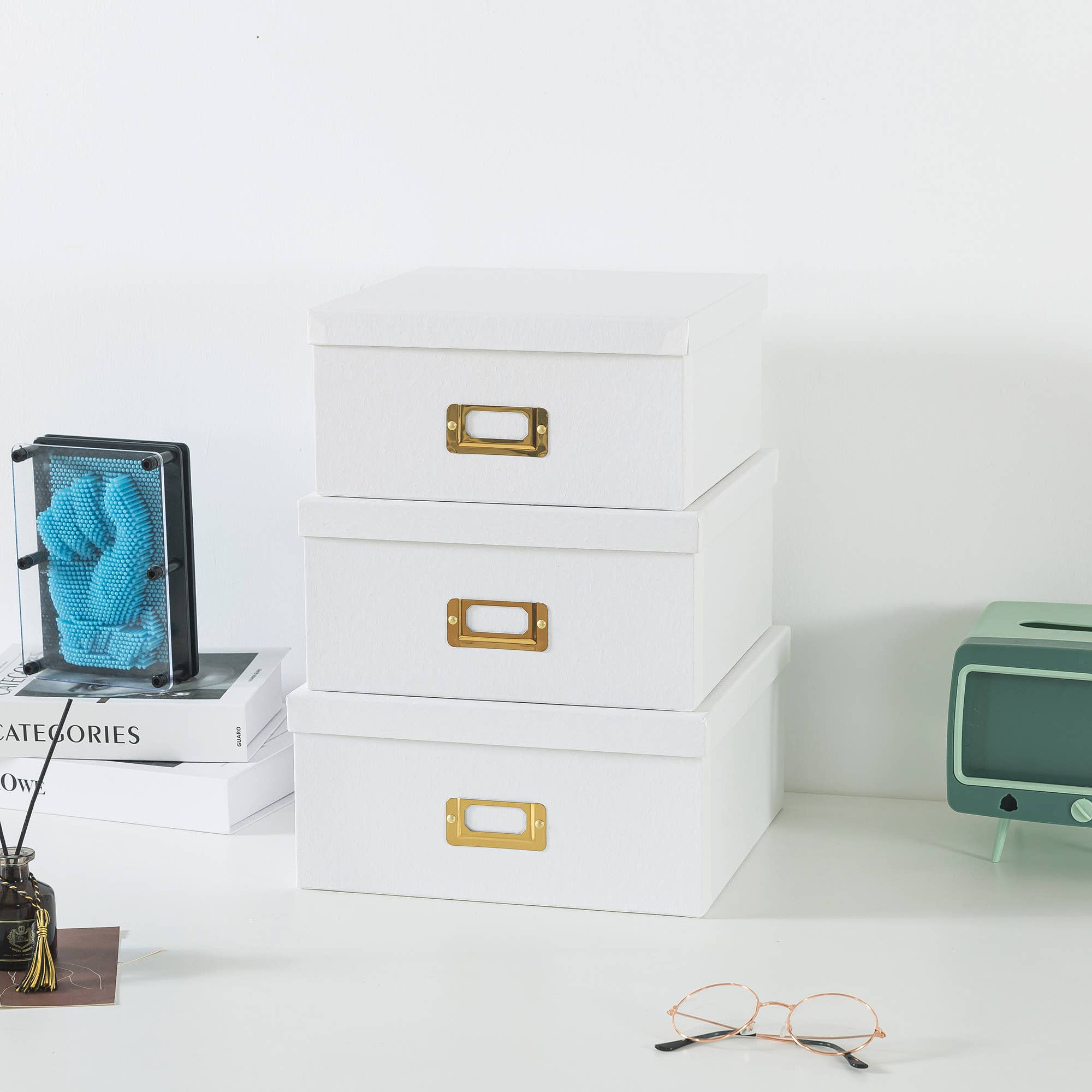 Soul & Lane - Wholesale Decorative Box - Set of 3 White Kraft Paper Box for Storage with Gold Labels2