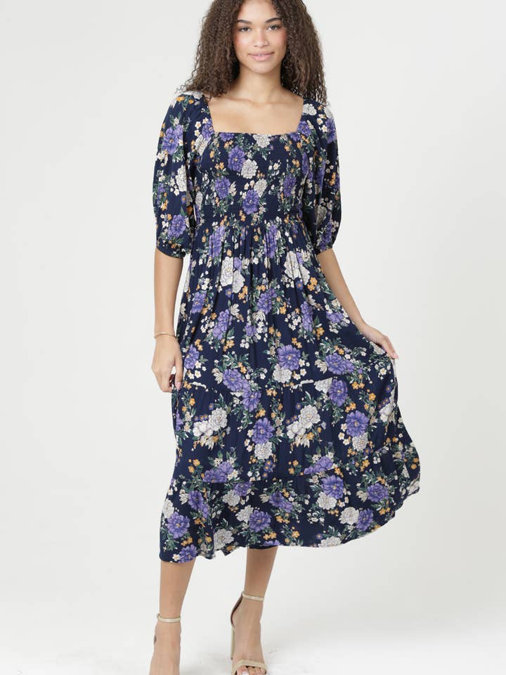 C4925-WB13 SMOCKED BODICE HALF SLEEVE MIDI DRESS W POCKETS for wholesale by ANGIE