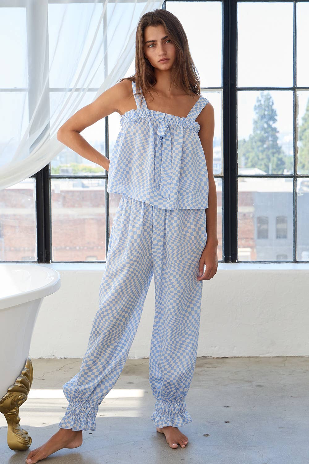 Blue T2427-SET Checker Geometric Ruffled Pajama Tank & Pants Sets for wholesale on Faire1