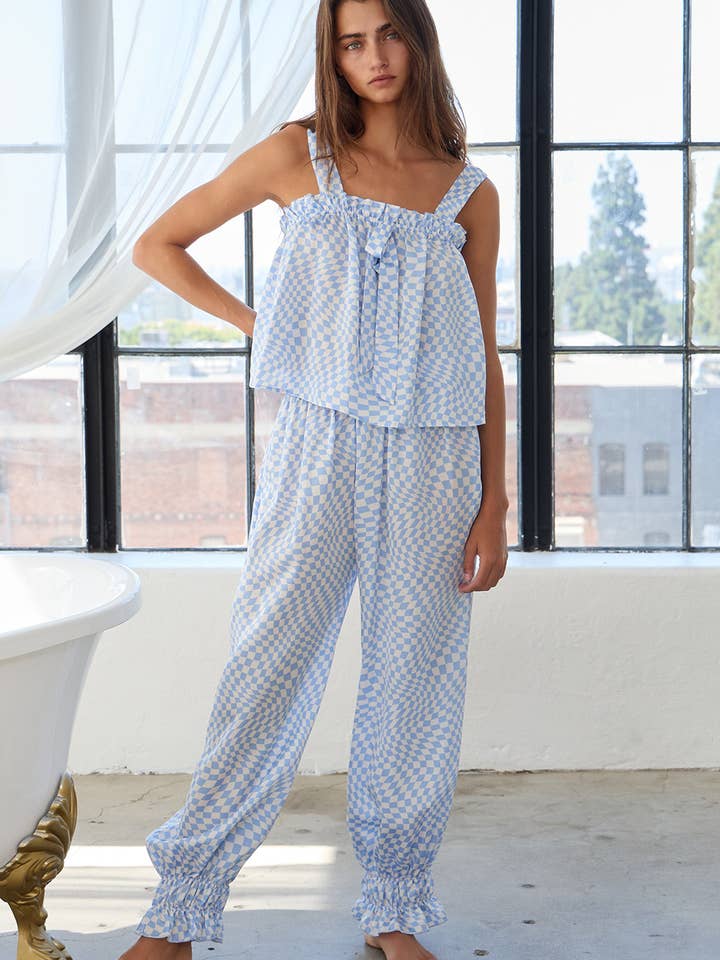 bleu Ensembles débardeur et pantalon de pyjama à volants géométriques à carreaux T2427-SET en vente sur Faire1