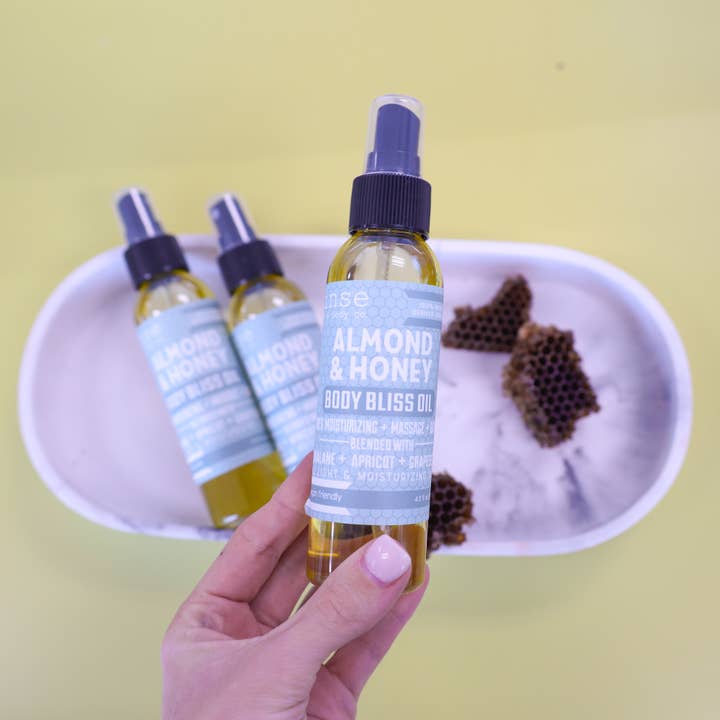 Body Bliss Oil | Almond Honey | 4oz Multipurpose for wholesale by Rinse Bath Body Inc