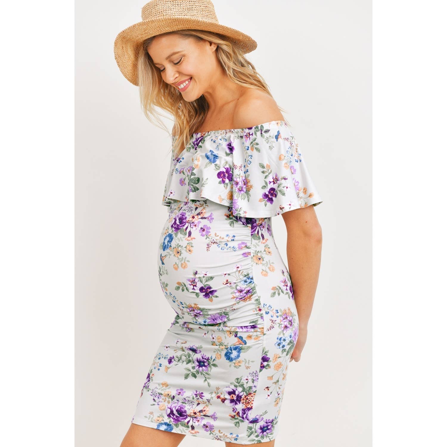 Light Grey Purple Floral Off Shoulder Ruffle Maternity Dress for wholesale on Faire6