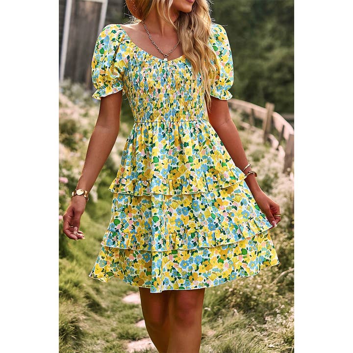 Floral Print Off Shoulder Flounce Sleeve Ruffle Hem Dress for wholesale by Supreme Fashion