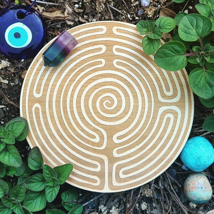 Labyrinth Maze Crystal Grid Board Lasercut Wood Altar Plate for wholesale by Prism Moon Designs