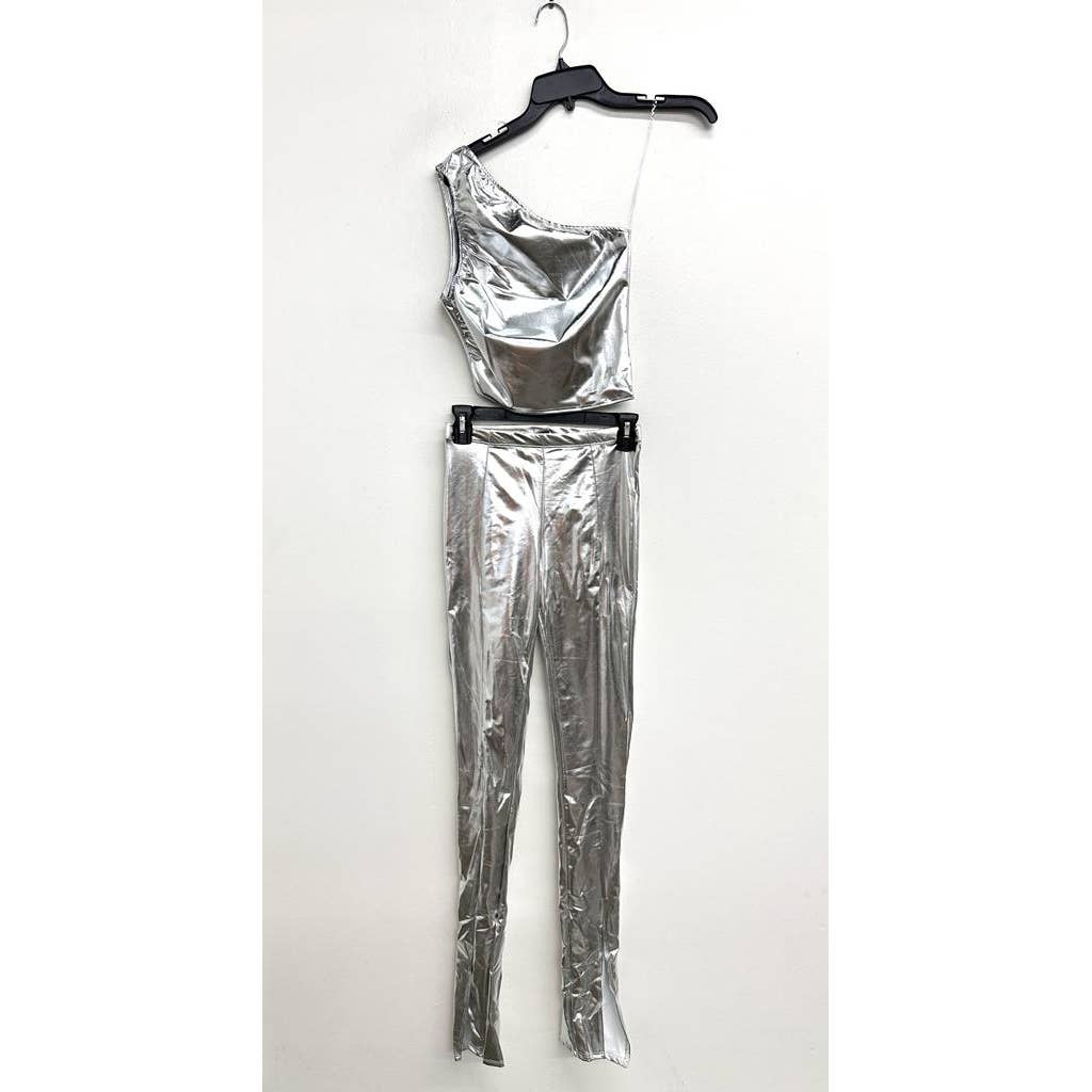 Uptown Apparel – wholesale Top & pants set (NOT Loungewear) – Women's – T6330-B10995 Metallic One Shoulder Top Ankle Slit Leggings7