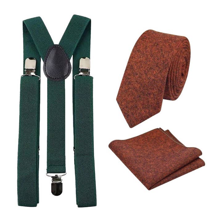 Charlie Burnt Orange Wool Tie, Pocket Square and Emerald Green Braces Set for wholesale by Dickie Bow