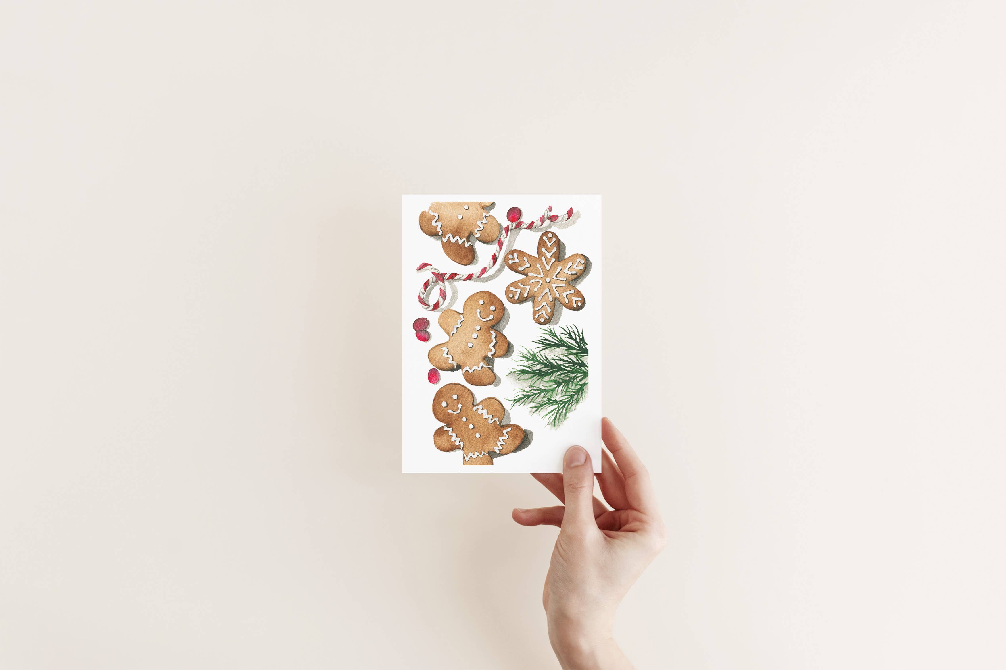 Liz Pope Designs - Wholesale Christmas Card - Gingerbread cookies, hand painted festive watercolor card1