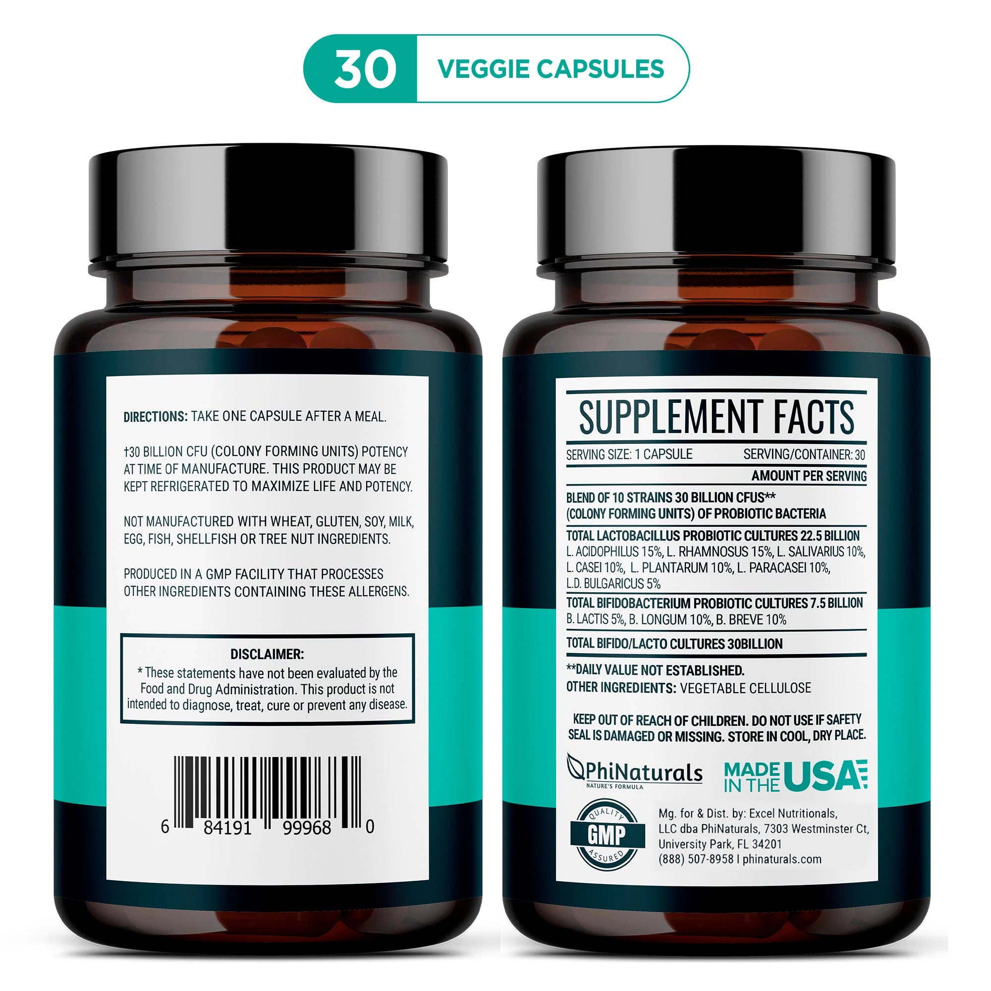 Excel Nutritionals LLC DBA Phi Naturals - Wholesale Oral Supplement/Vitamin - Probiotics High Potency 10 Strains – 30 Billion CFU – [30 Ti1