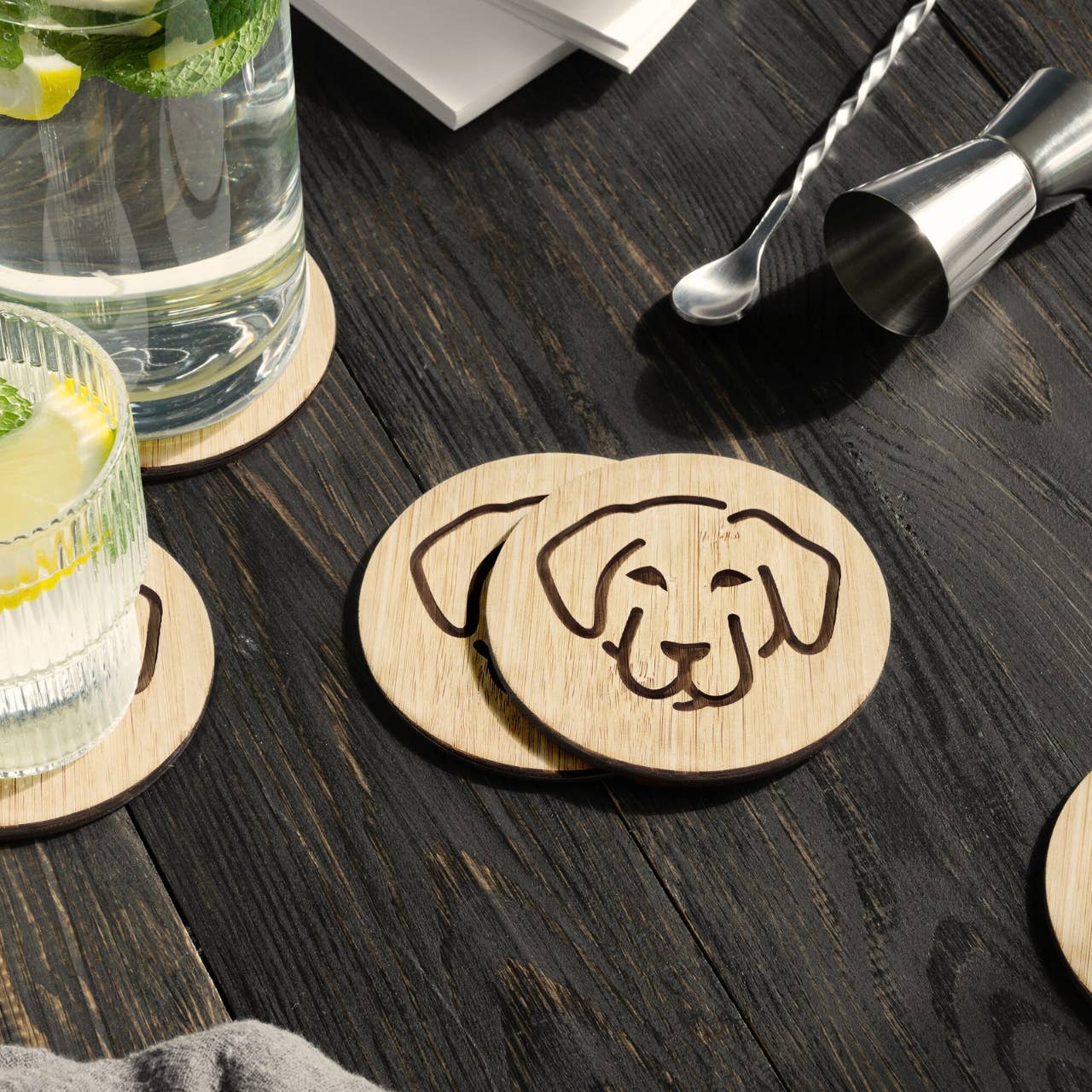 Rudderr, LLC/MintBucket - Wholesale Coasters - Set of 6 Bamboo Engraved Dog Coasters with Holder - Labrador3