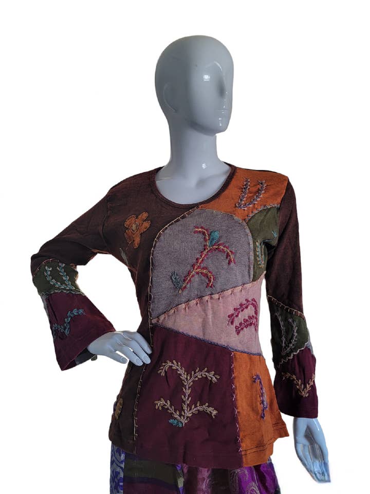 SLS1272b Cotton Long Sleeve Shirt Herb Embroidery Brown for wholesale by Evergreen Guardian Imports