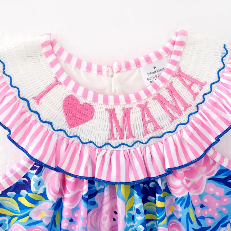 Auraquise - Wholesale Dress - Kids - Girls Summer “I LOVE MAMA” Smocking Dress2