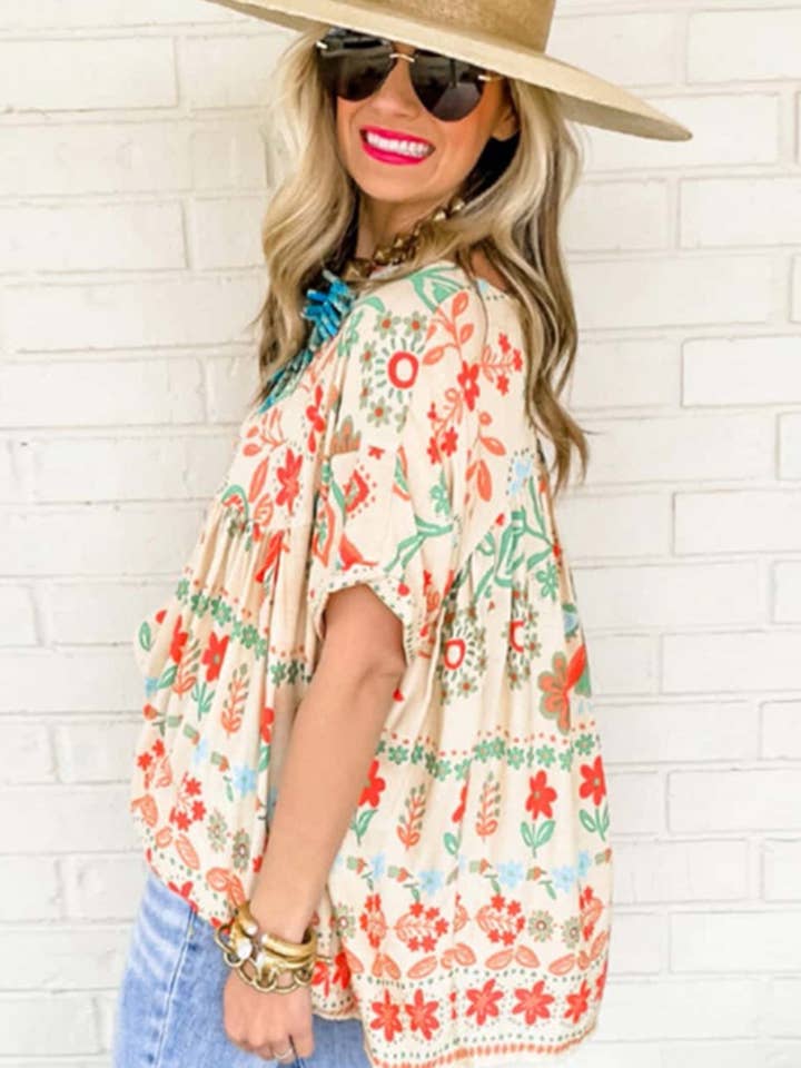 APRICOT CWTBLS1401_VINTAGE PRINTED SHORT-SLEEVED CHIFFON TOP for wholesale on Faire