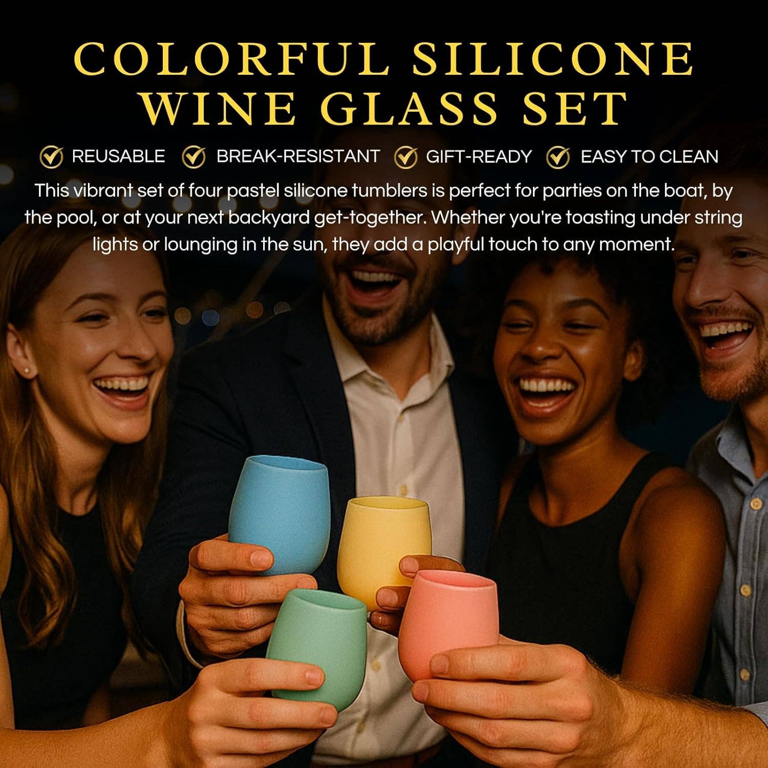 The Wine Savant /  Khen Glassware – Engroshandel Vinglas – Silikone vinglas 12 oz pastelfarvet sæt med 43
