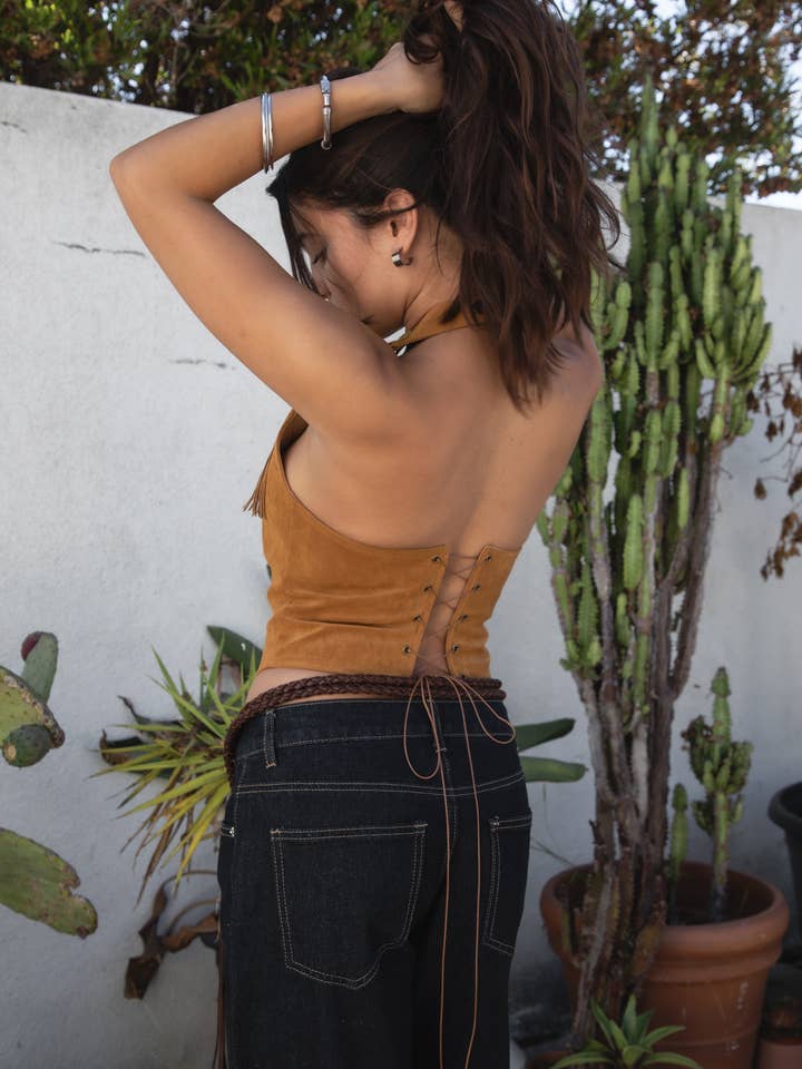 TICTOC - Wholesale Blouse – Women’s - JOSIE Western Low Open Back Faux Suede Fringe Halter Top 9