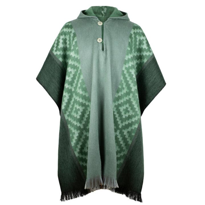 ECUALAMA - Wholesale Poncho - Unisex - Machachi - Lightweight Baby Alpaca Hooded Poncho - Emerald Green - Diamonds Pattern - Unisex