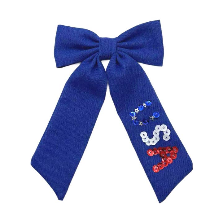 Blå hør USA paillet hårsløjfe med klips for engroshandel hos Pretty in Pink Bows