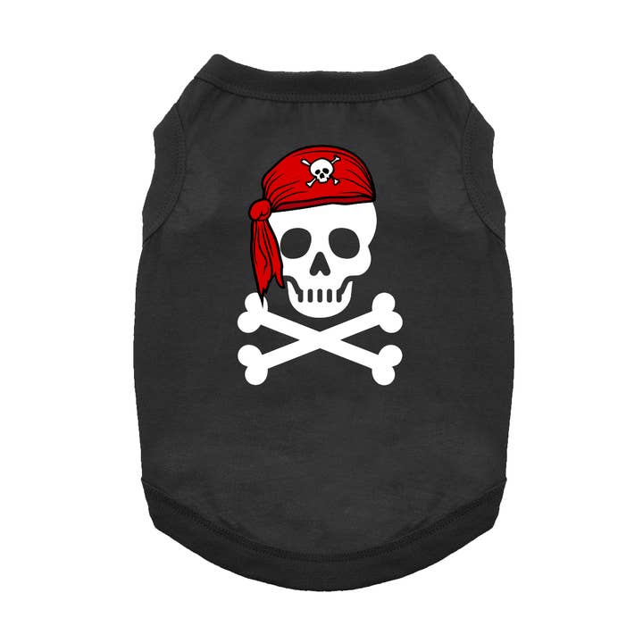T-shirt pour chien avec tête de mort de pirate et bandana rouge - Noir intense pour la vente par Doggie Design