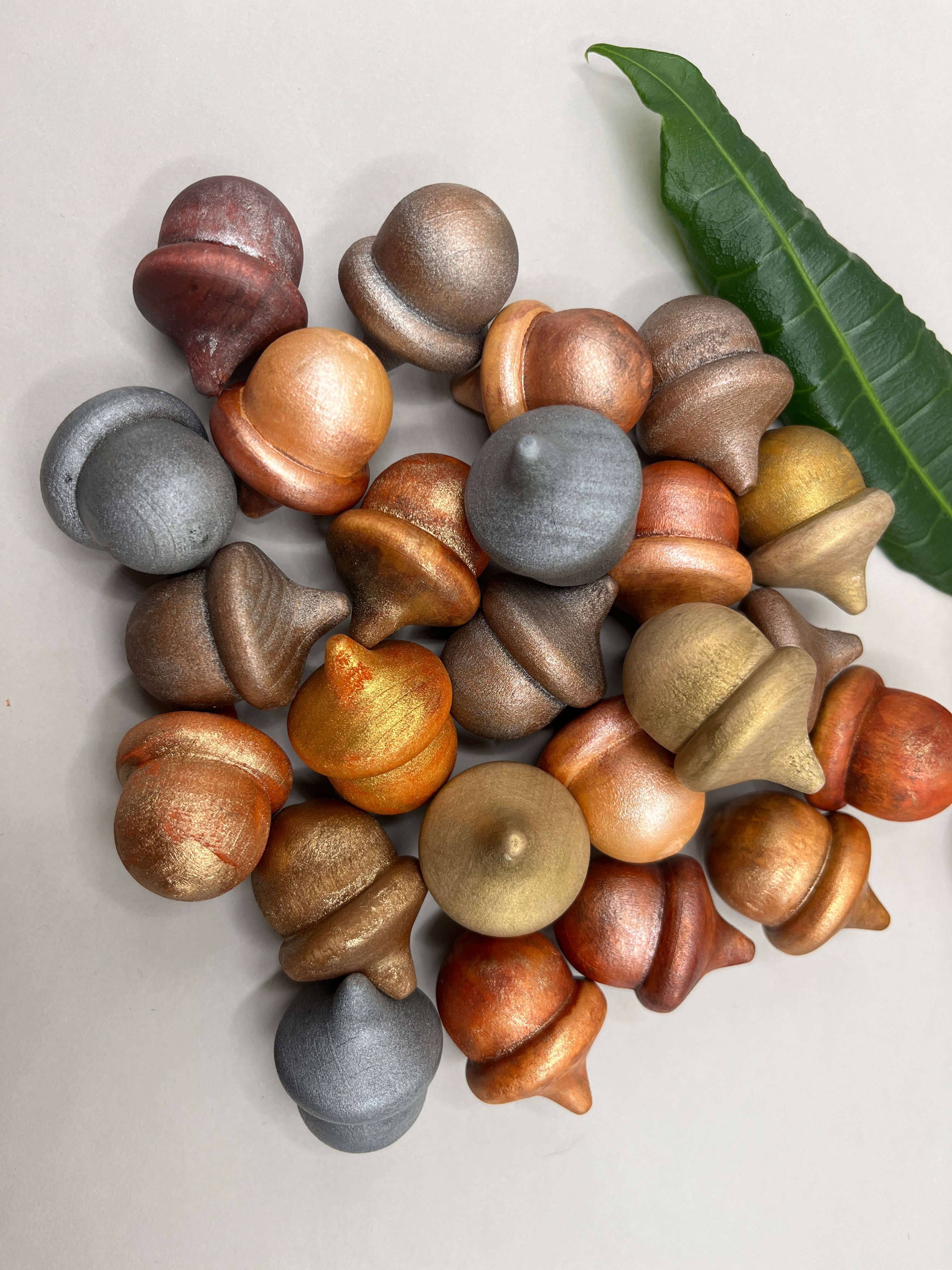 BlueCyanGirl - Wholesale Decorative Tabletop Object - Rustic Acorns Wooden Hand Painted Metallic Assorted1