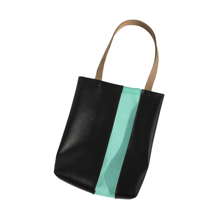 Black & Aqua Vegan Leather/Vinyl Stripe Tote Bag for wholesale by Kate Corn