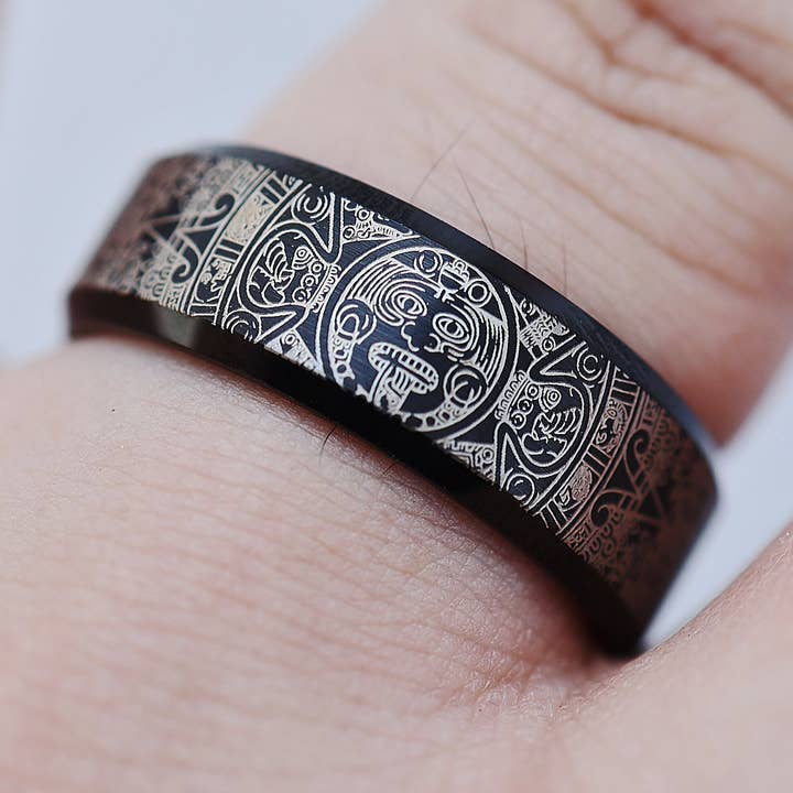 Engraved Aztec Warrior Tribal Pattern Ring 8mm for wholesale by Veil