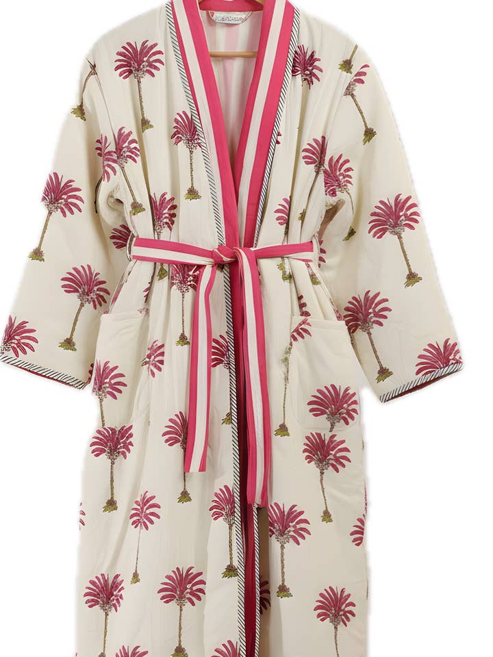 PINK PALM TREE QUILTED HANDMADE ROBE for wholesale by AMRANIS