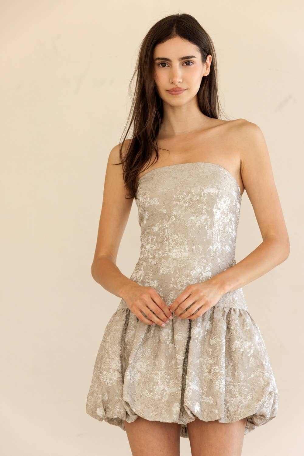 JD9159-STRAPLESS FLORAL BUBBLE MINI DRESS for wholesale on Faire1