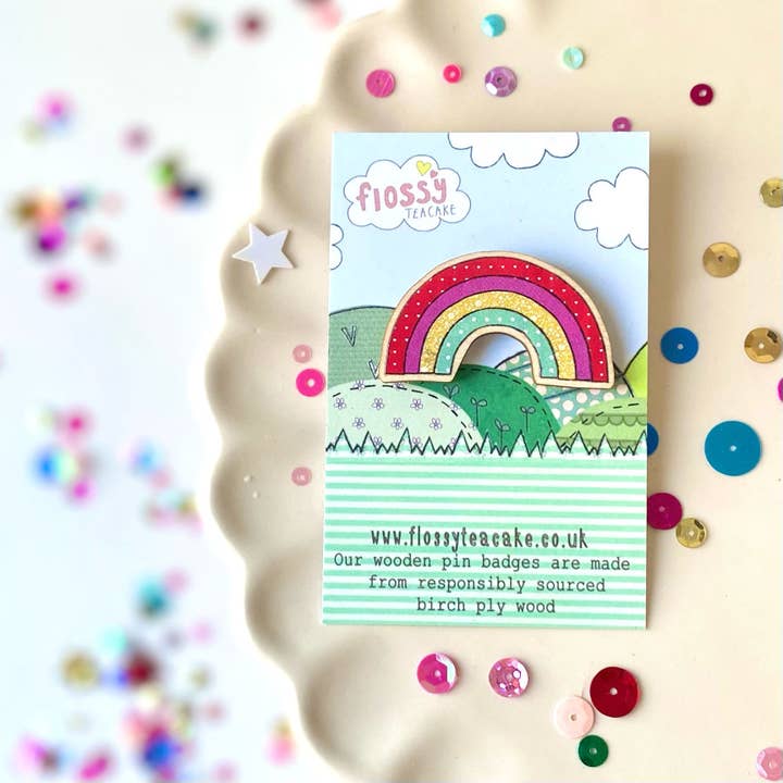 Flossy Teacake – wholesale Brooch – Rainbow Wooden Pin Badge