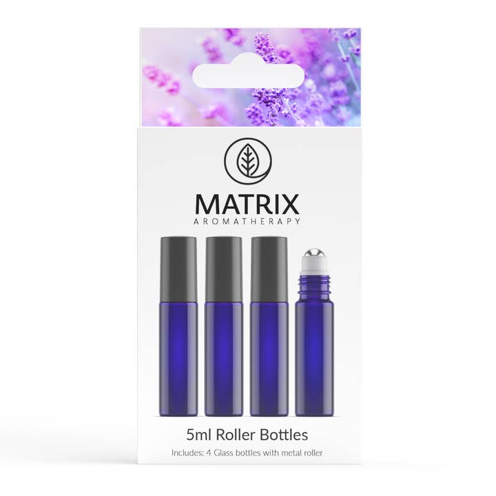 5ml Blue Glass Roller Bottles - 4 Pack for wholesale by Matrix Aromatherapy