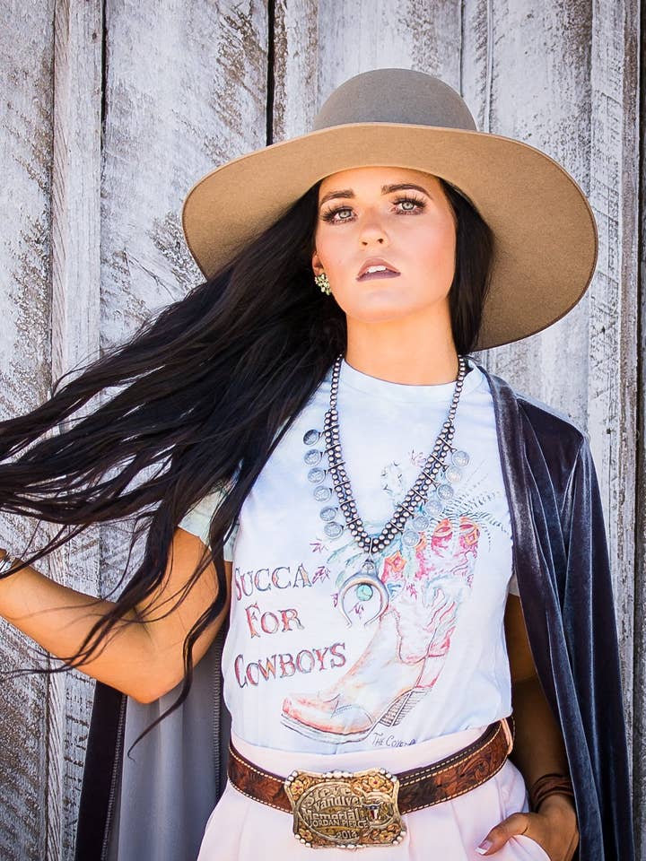 Succa For Cowboys Women's Screen Printed T-Shirt for wholesale by The Coyote Cowgirl