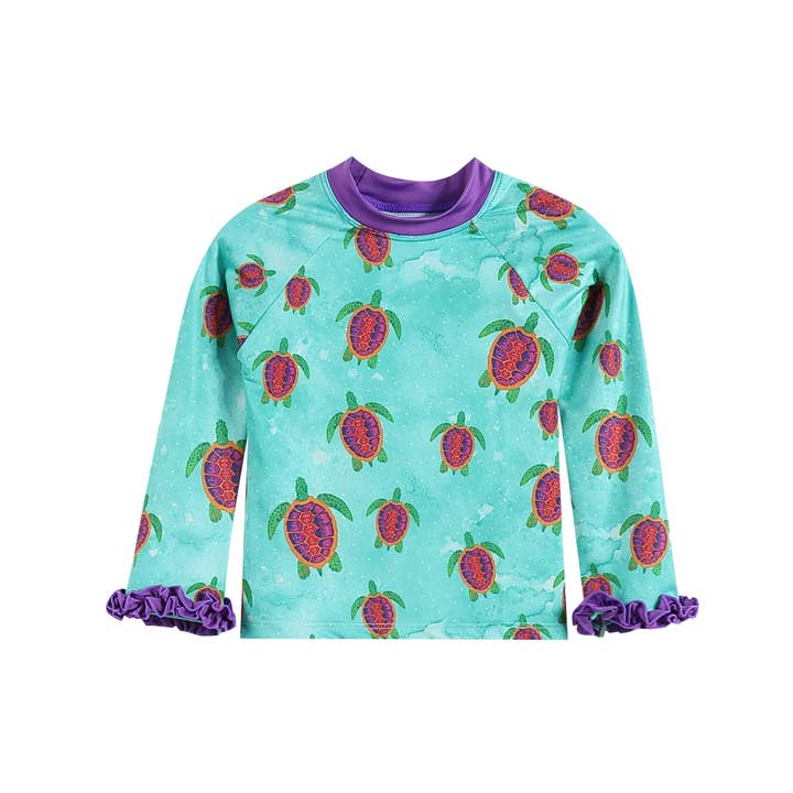 Lil Cactus - Wholesale Rashguard Set - Kids - Special Purchase -Turquoise Turtle Ruffle Rashguard 2 pc Set